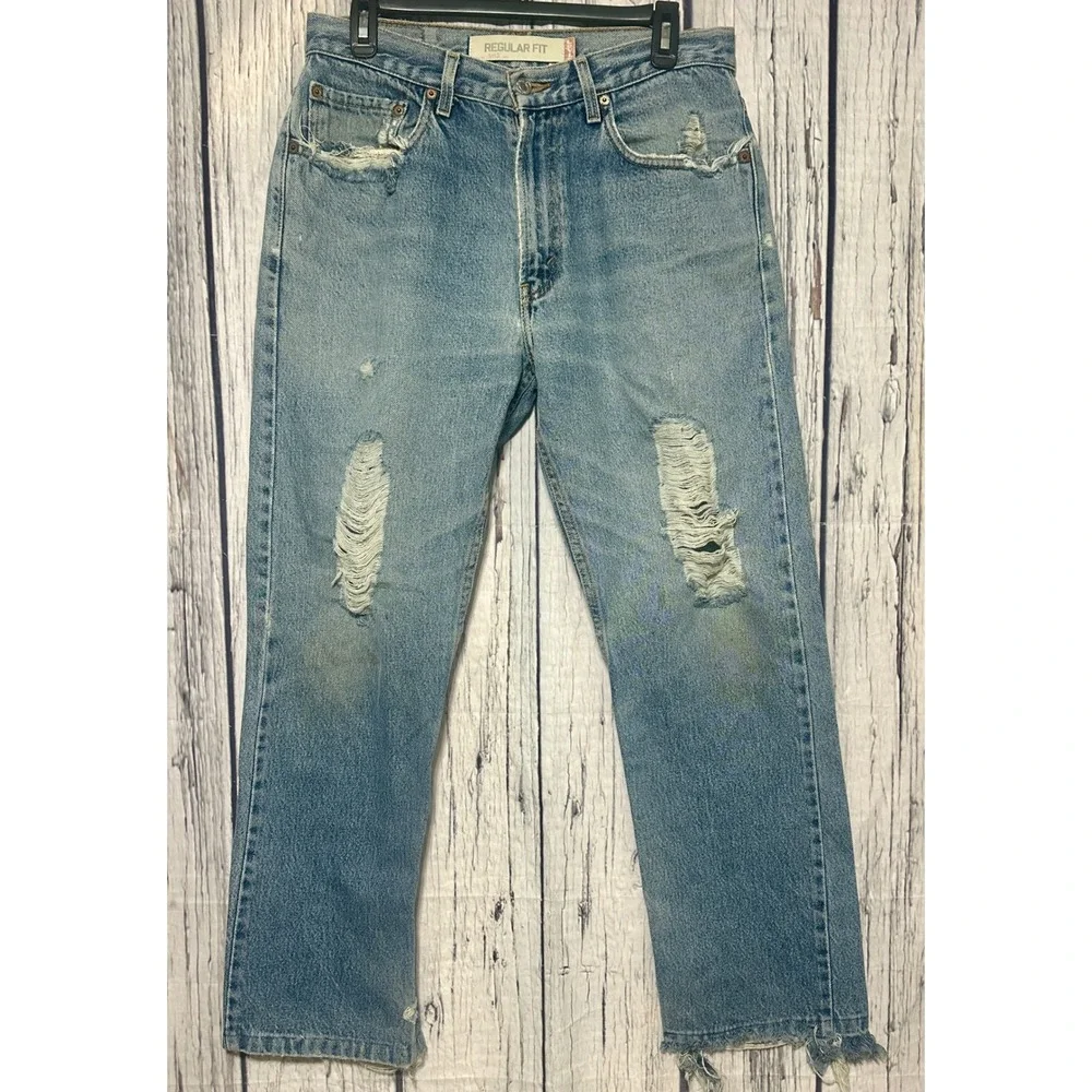 Levis 505 Regular Fit Distressed Jeans Mens 32x32 Light Wash Blue Grunge VTG Y2K